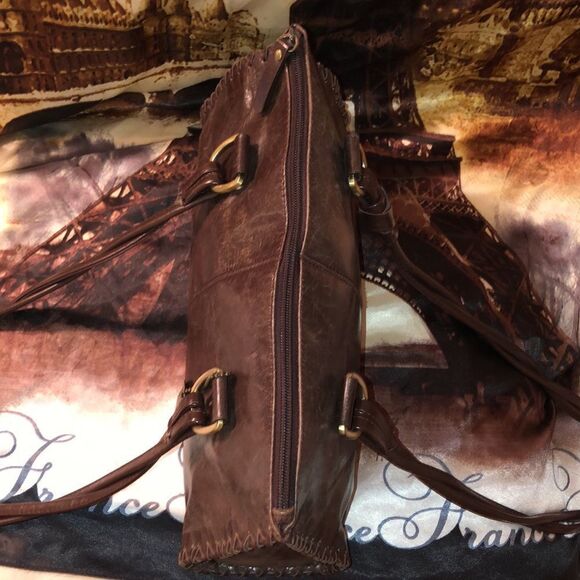 Worthington Chocolate Brown Genuine Leather Satchel Sewn Edges Twisted Handles - Picture 5 of 16